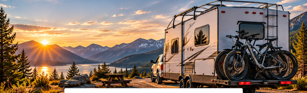 RV carrying two e-bikes overlooking a mountain lake at sunset