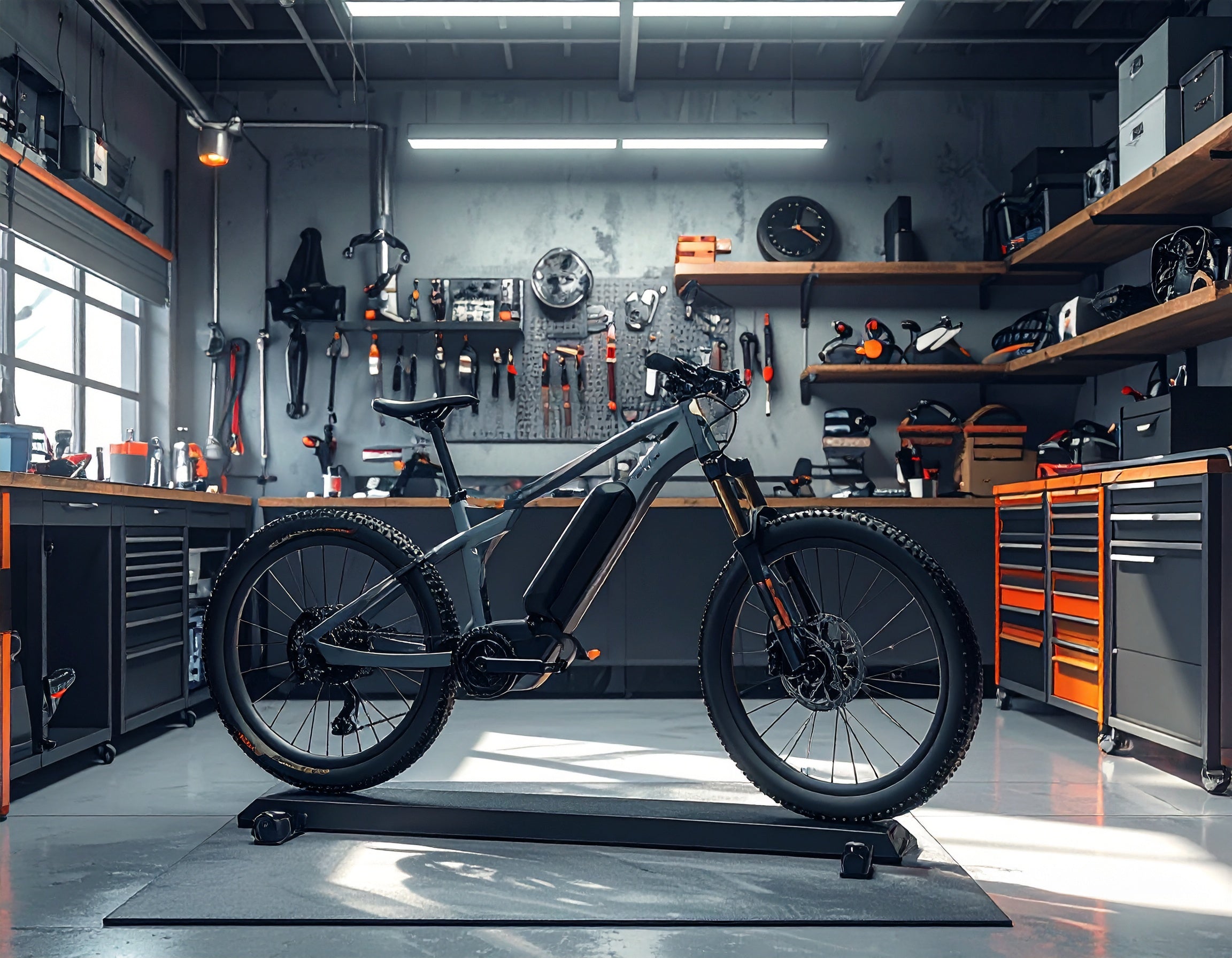 Electric bike on a stand in a workshop with tools and equipment on shelves.