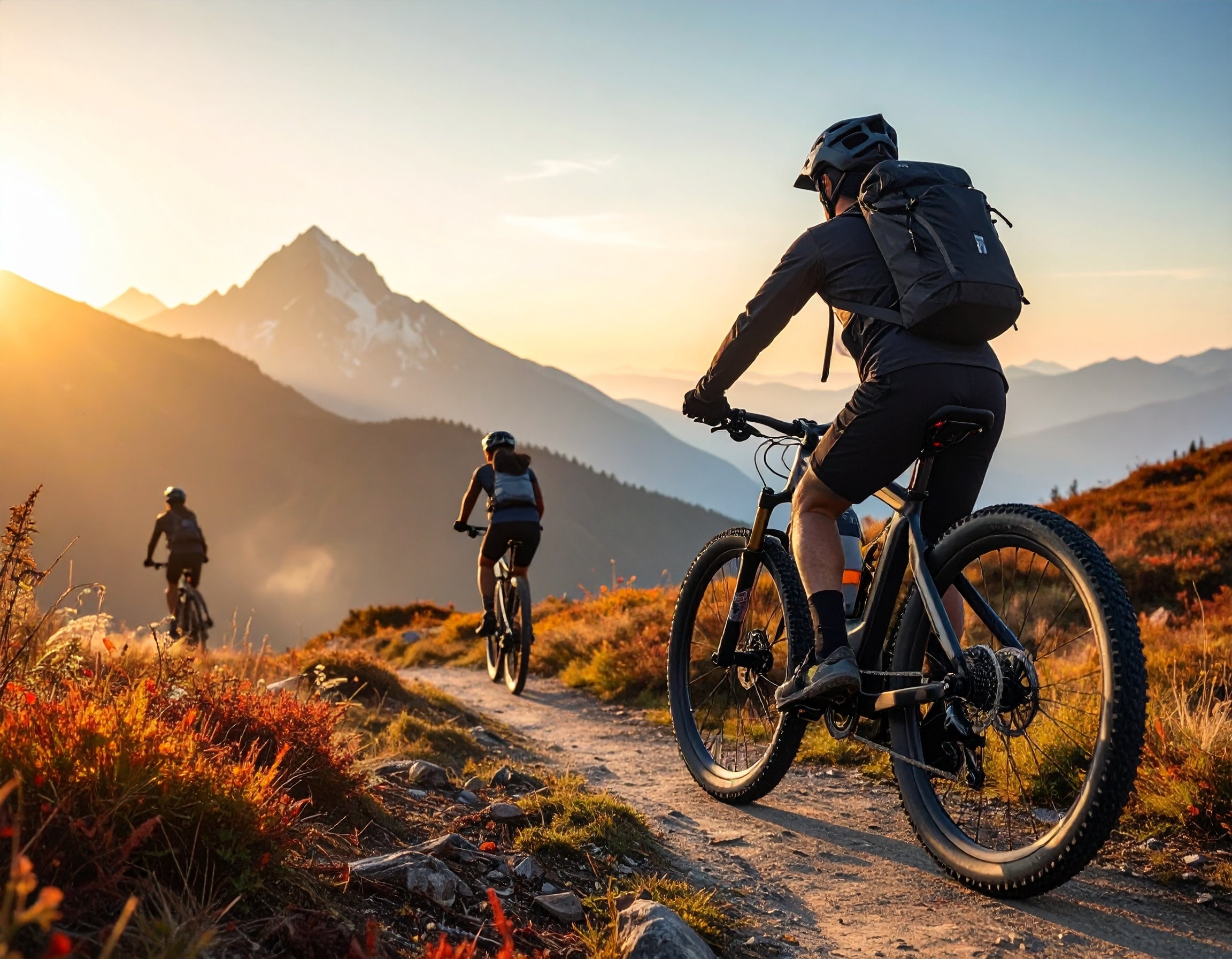 RideForgeCo electric mountain bike on a trail with a couple riding at sunset.