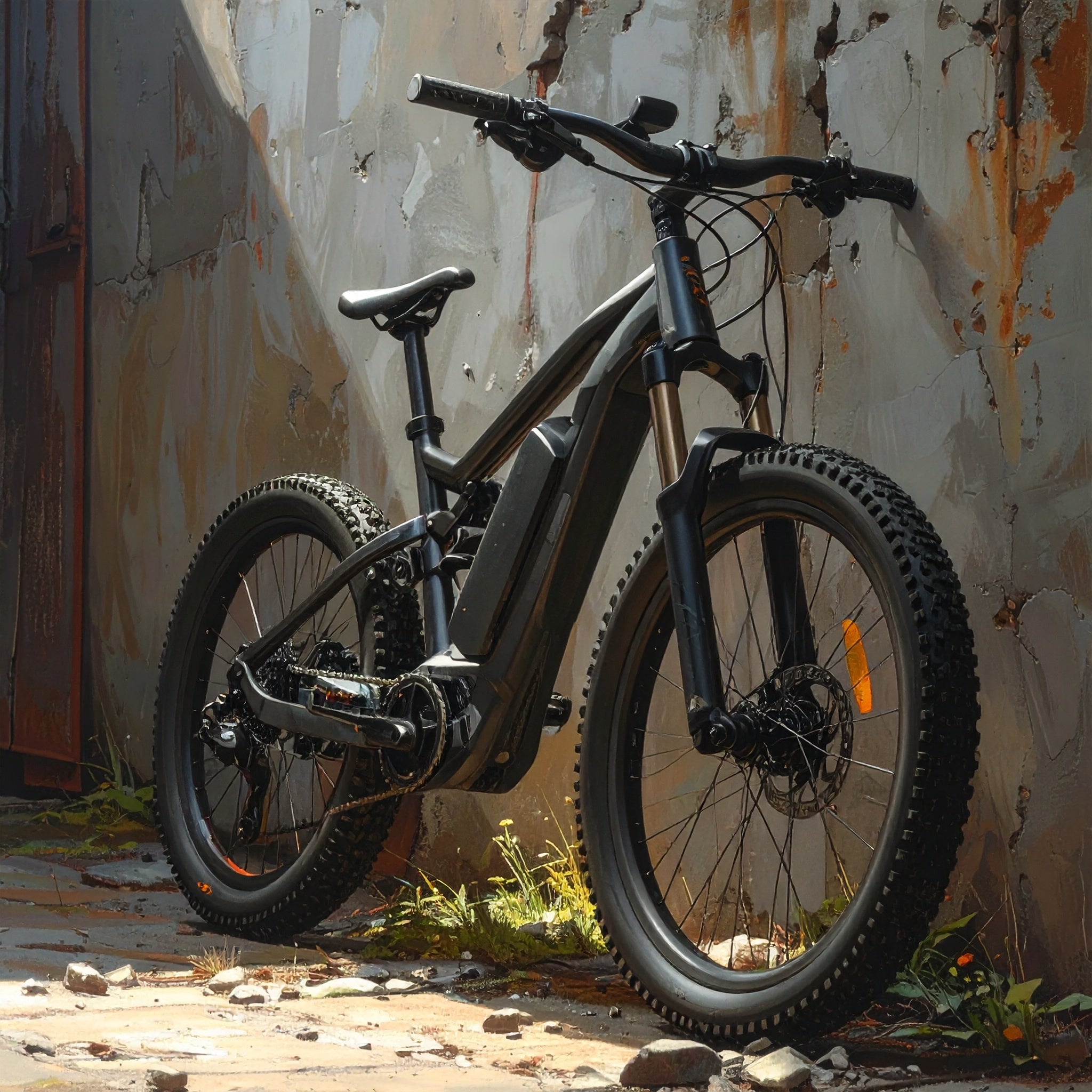 Electric bike leaning against a textured wall with peeling paint.
